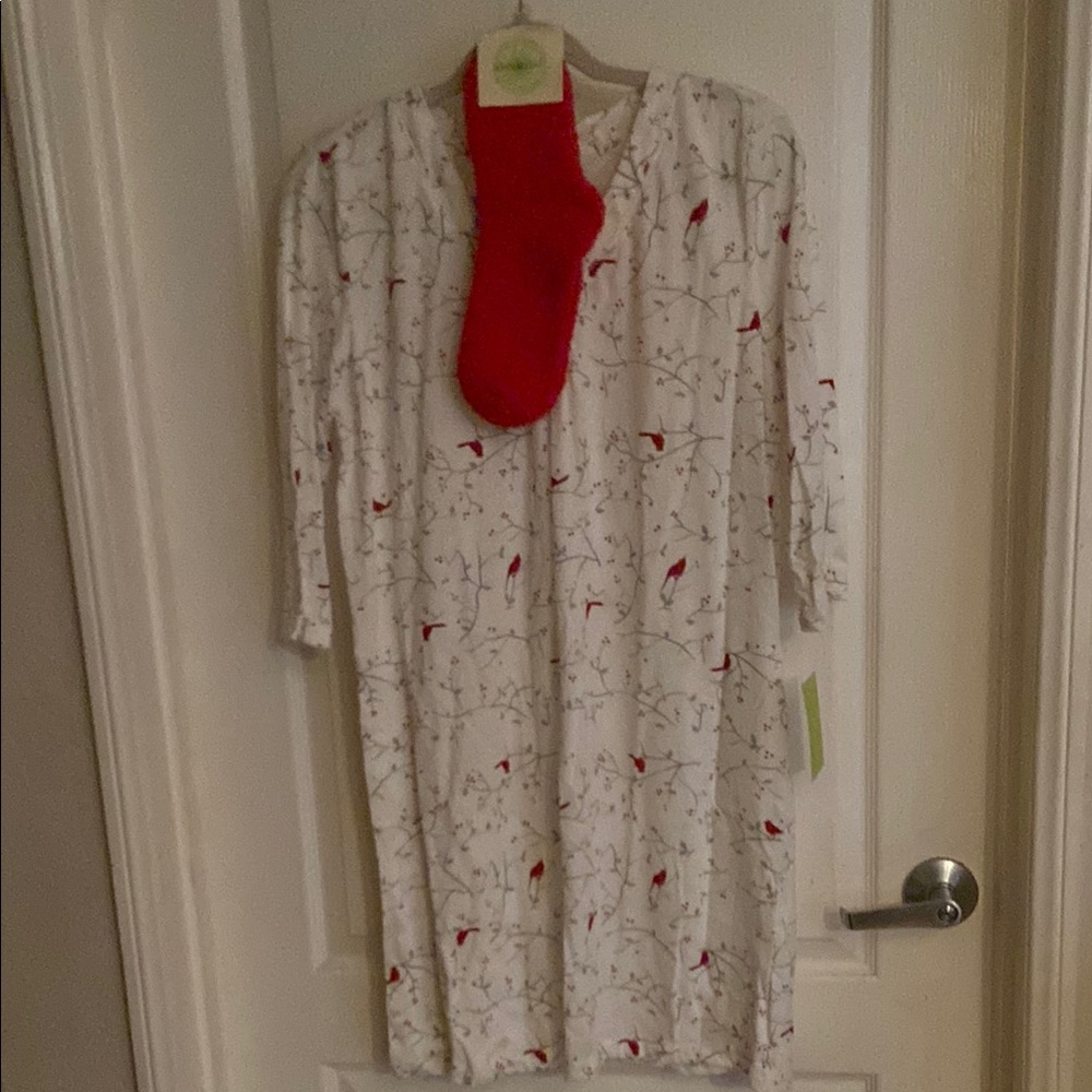 White and Red Pajama Set with Cardinal Print and Fuzzy Socks